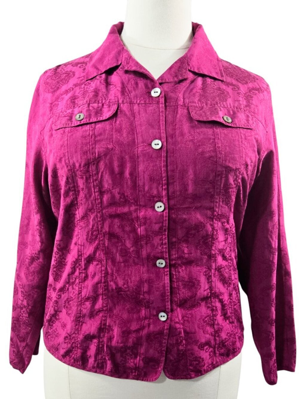 Vintage Chico's Silk Blend Dark Pink Paisley Button-Up Shirt Boho
